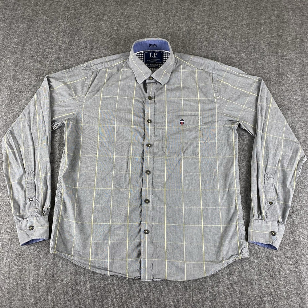 Louis Philippe Slim Fit Shirt 44CM Gray Yellow Check Long Sleeve Button Up Men L